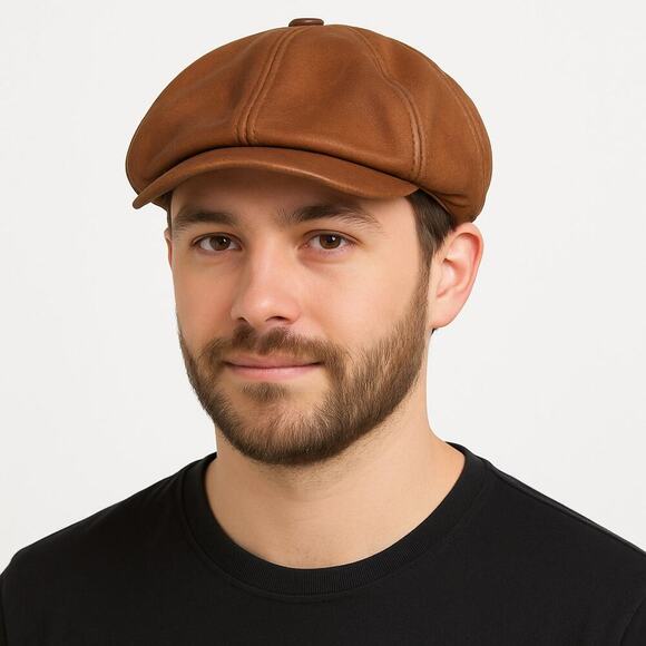 Vintage Hatquarters USA Brown Leather Newsboy Cap M Made in USA Leather - Picture 1 of 7